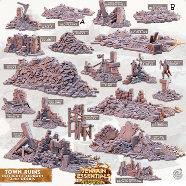 3D Printed Cast n Play Town - Debris and Difficult Terrain Town Ruins Set 28mm 32mm D&D (Online Only)