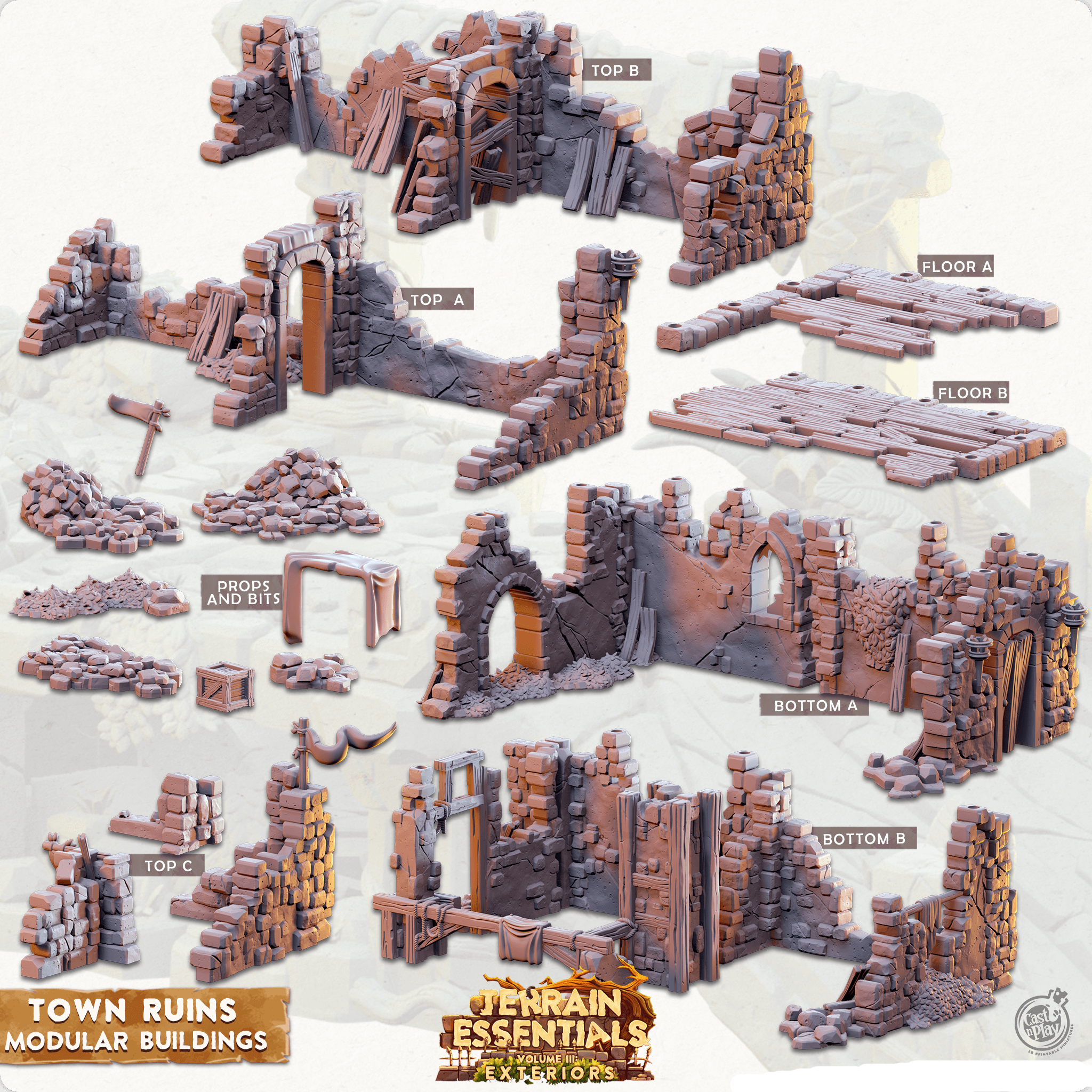 3D Printed Cast n Play Town - Town Ruins Modular Buildings Set 28mm 32mm D&D (Online Only)