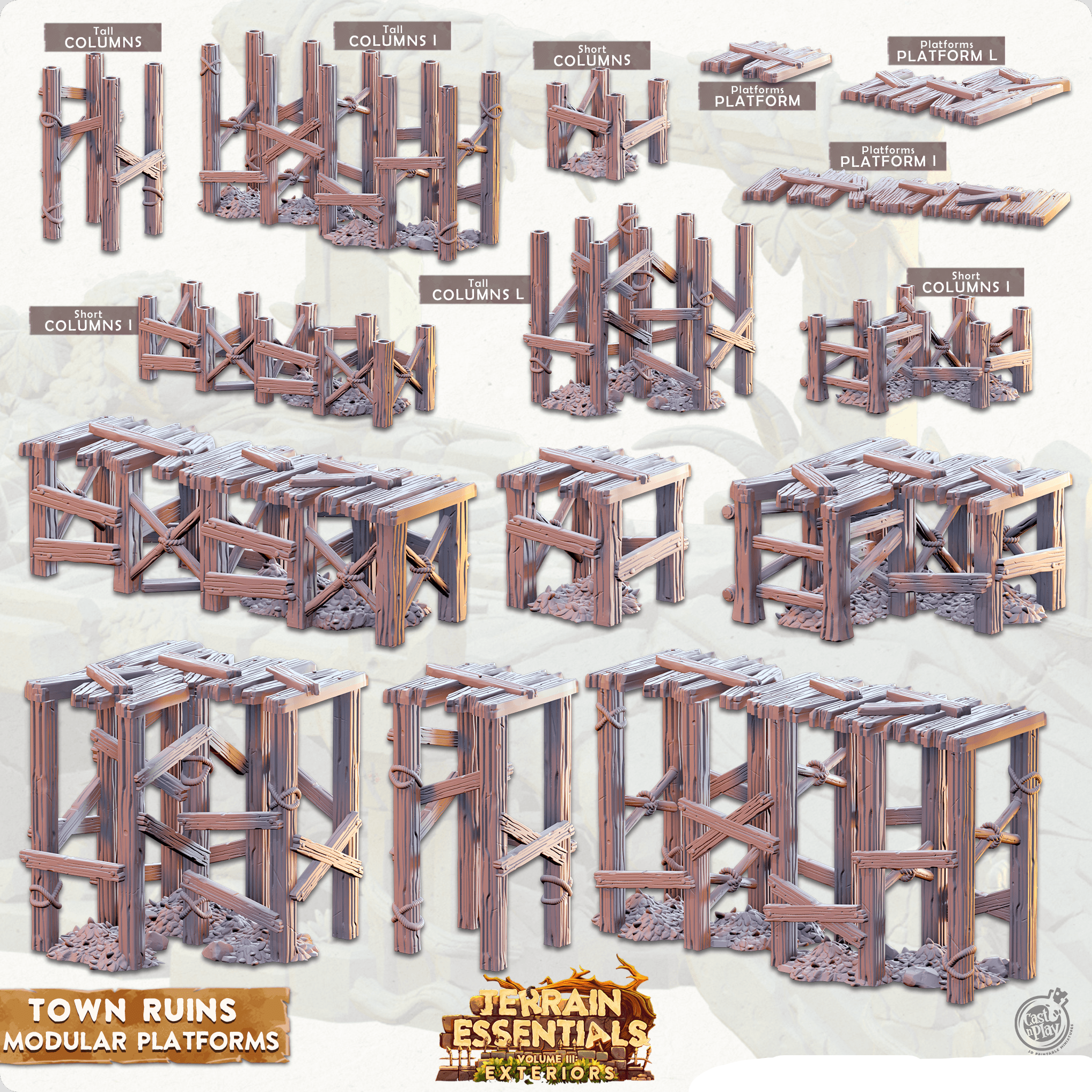 3D Printed Cast n Play Town - Town Ruins Modular Platforms Set 28mm 32mm D&D (Online Only)