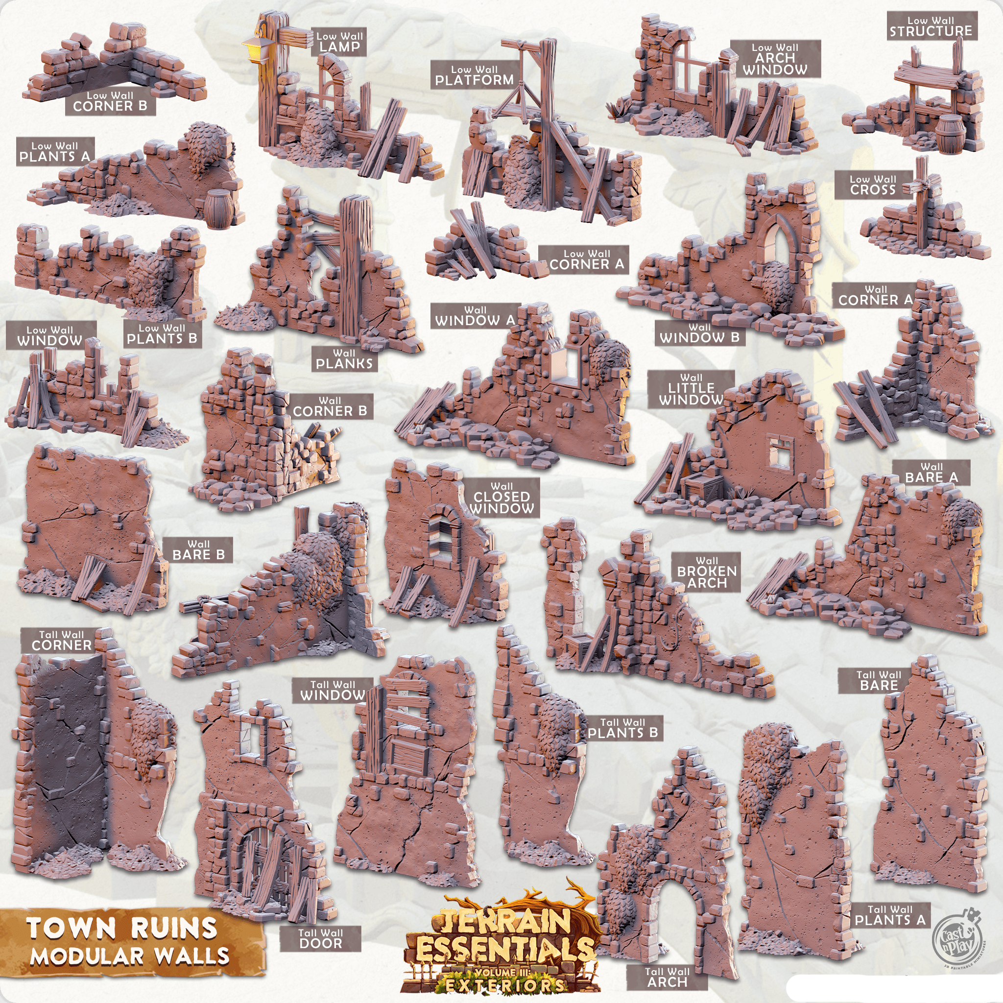3D Printed Cast n Play Town - Town Ruins Modular Walls Set 28mm 32mm D&D (Online Only)