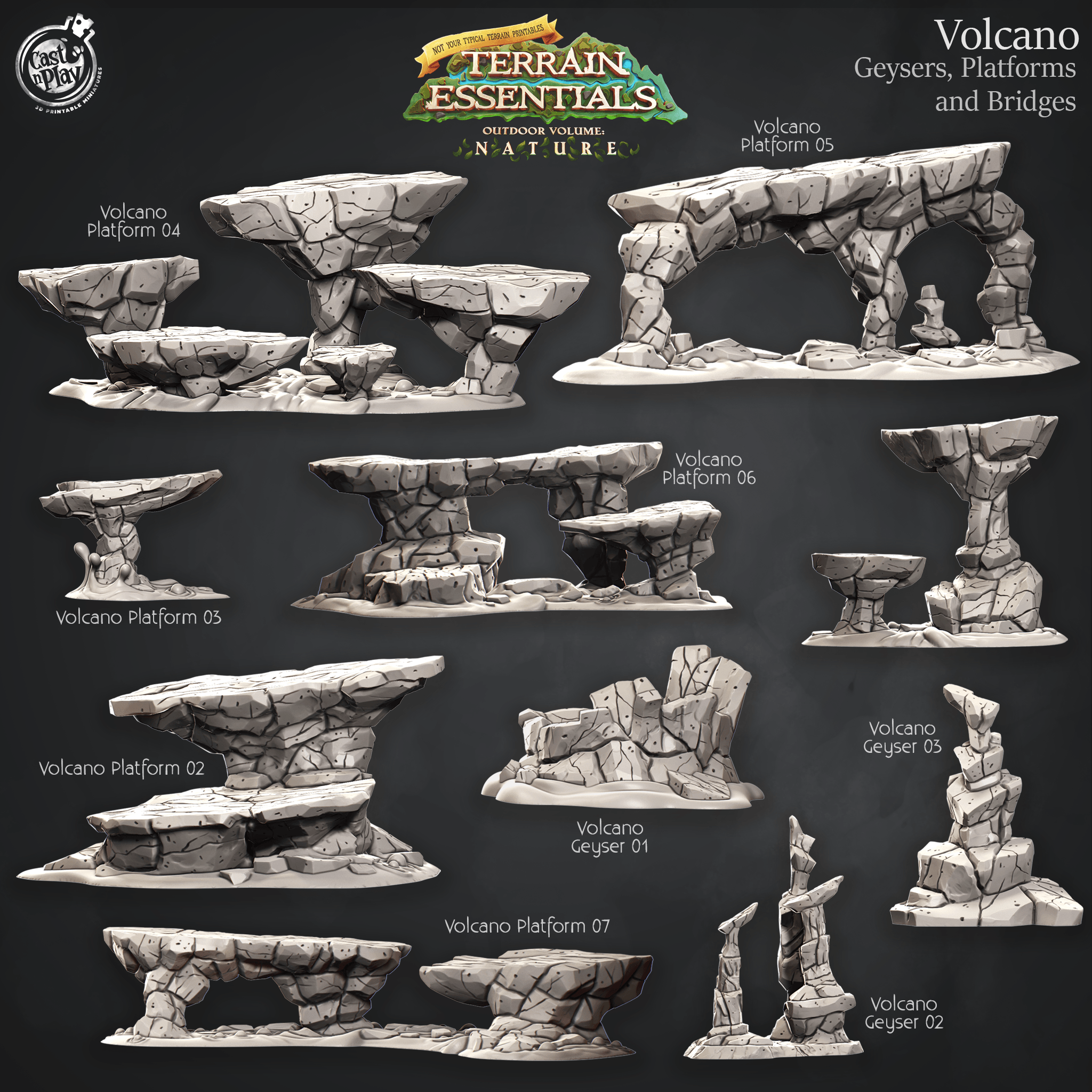 3D Printed Cast n Play Volcano Terrain Geysers, Platforms and Bridges Set Terrain Essentials 28mm 32mm D&D (Online Only)