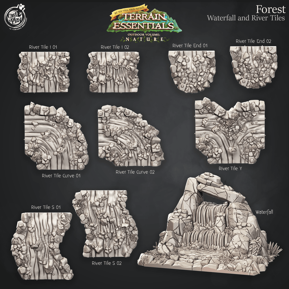 3D Printed Cast n Play Waterfall and River Tiles Forest Terrain Set Terrain Essentials Nature 28mm 32mm D&D (Online Only)