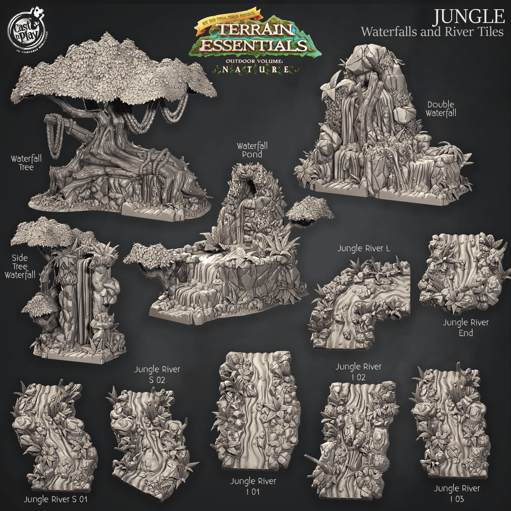 3D Printed Cast n Play Waterfalls and River Tiles Jungle Terrain Set Terrain Essentials Nature 28mm 32mm D&D (Online Only)