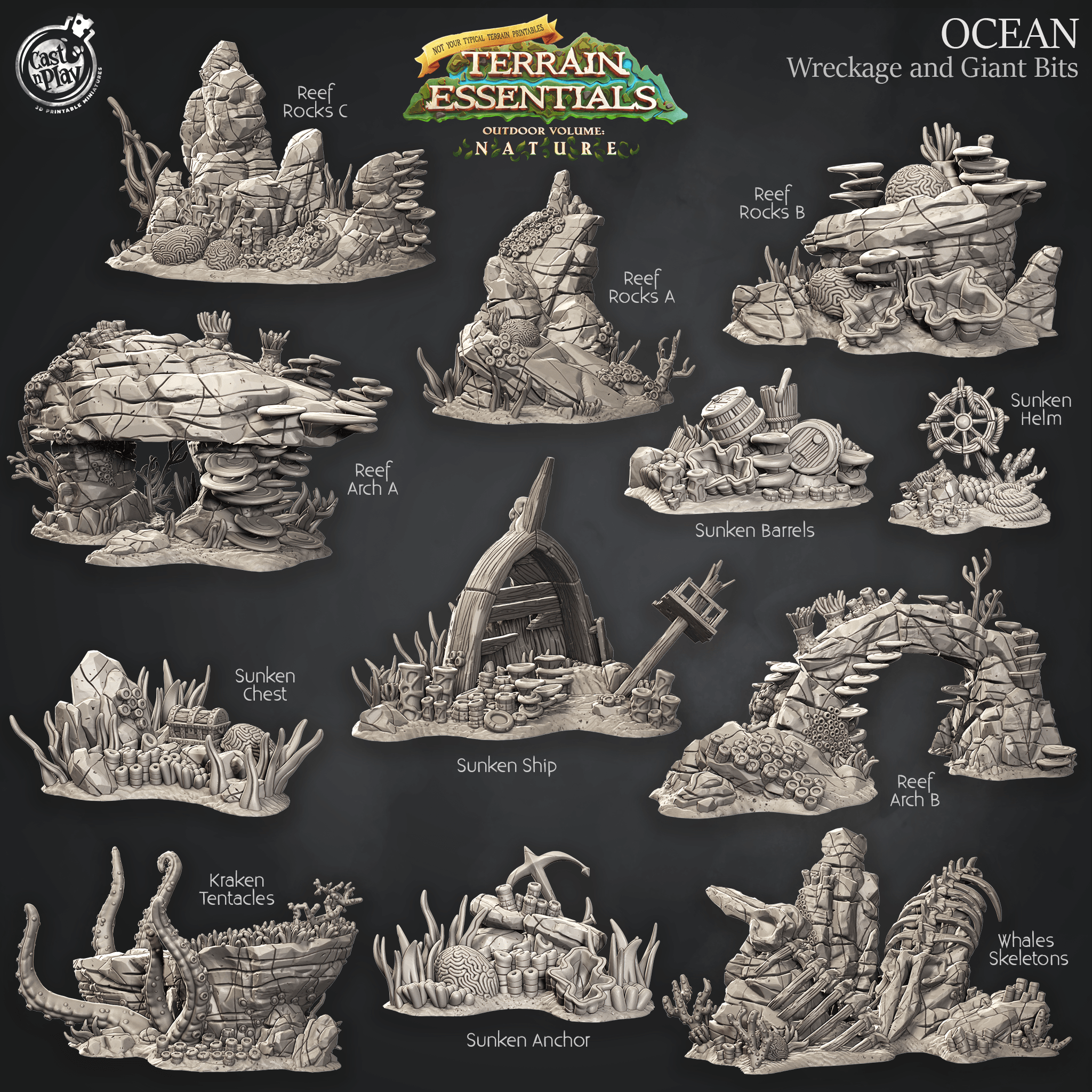 3D Printed Cast n Play Wreckage and Giant Bits Ocean Terrain Set Terrain Essentials Nature 28mm 32mm D&D (Online Only)