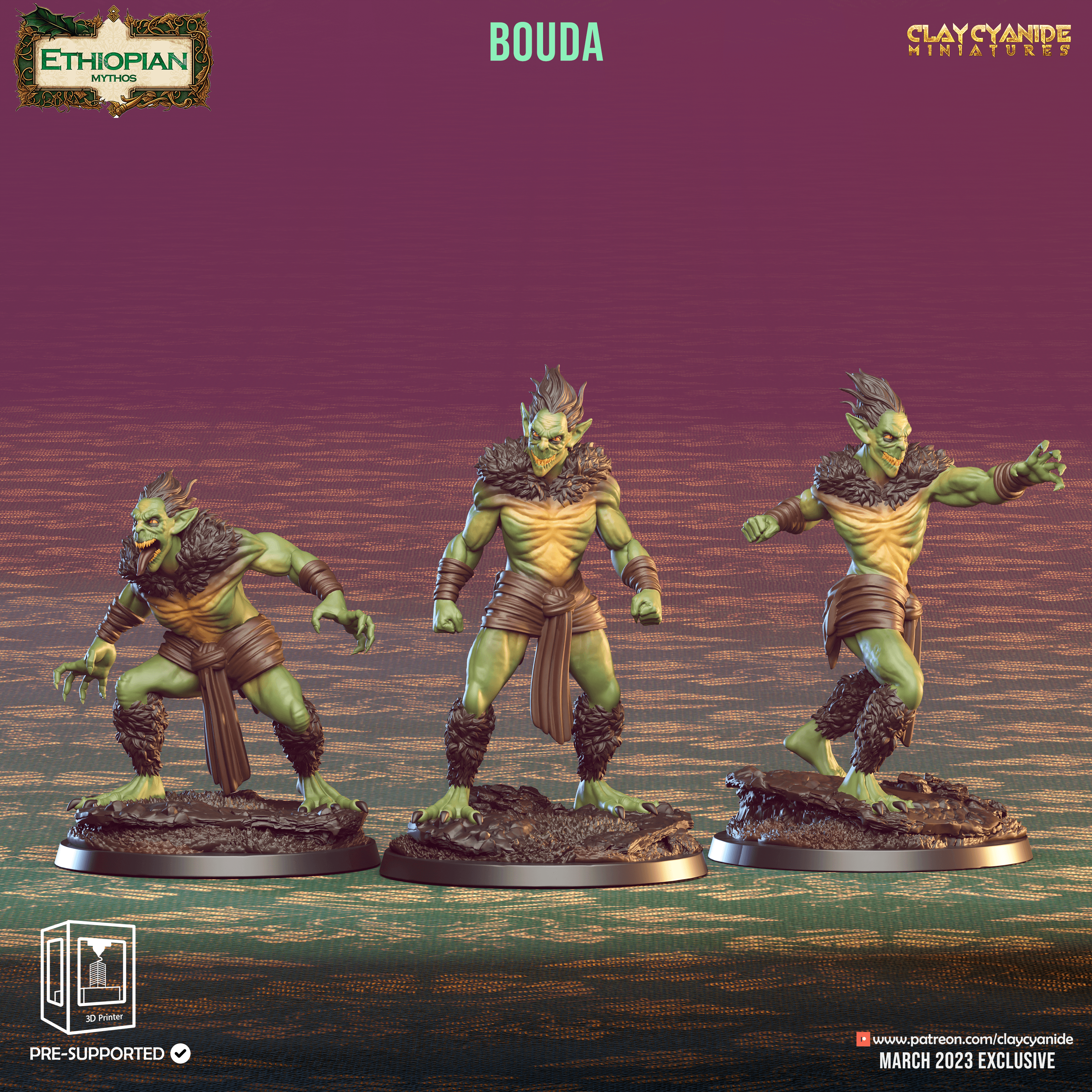 3D Printed Clay Cyanide Bouda Ethiopian Mythos 28 32 mm D&D (Online Only)