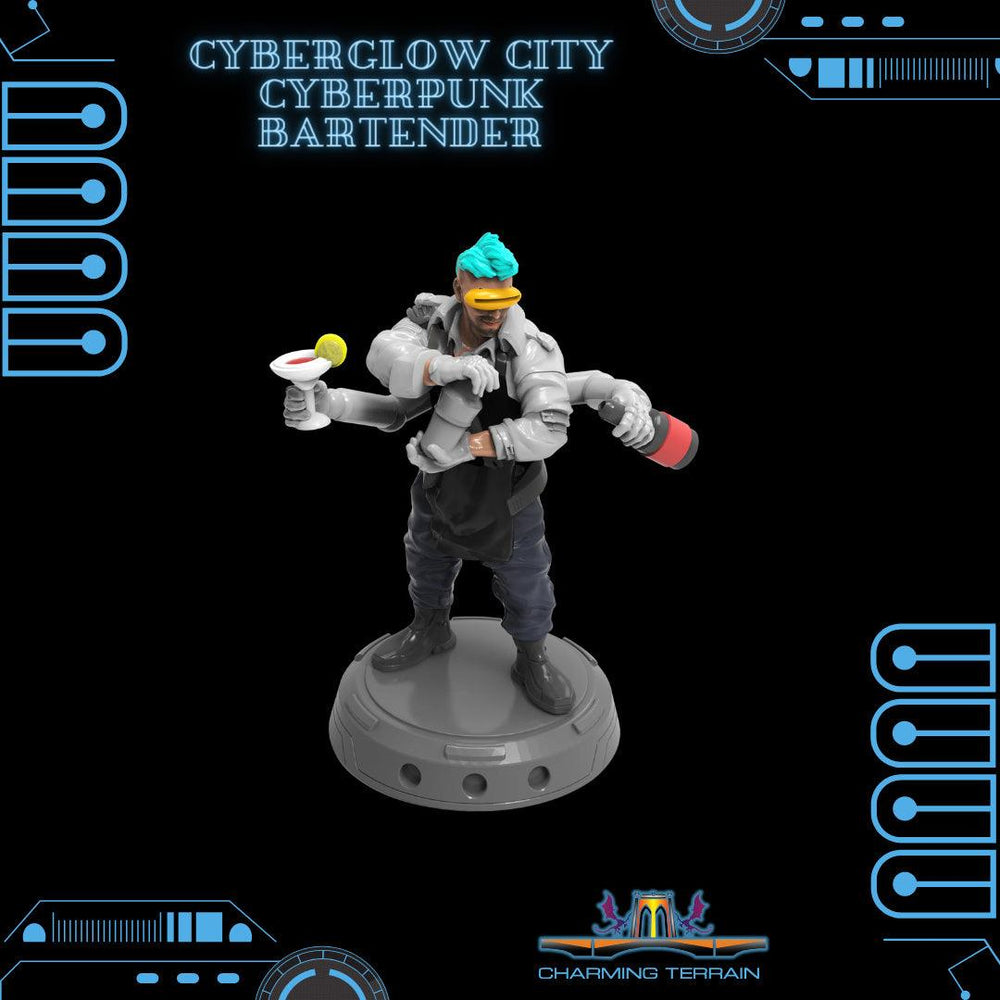 3D Printed Cyberglow City Cyberpunk Bartender Miniature  - 28mm 32mm (Online Only)