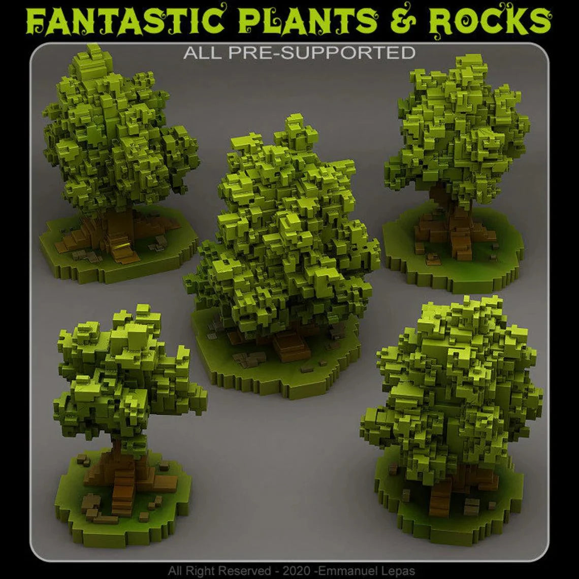 3D Printed Fantastic Plants and Rocks Pixel Trees 28mm - 32mm D&D Wargaming (Online Only)