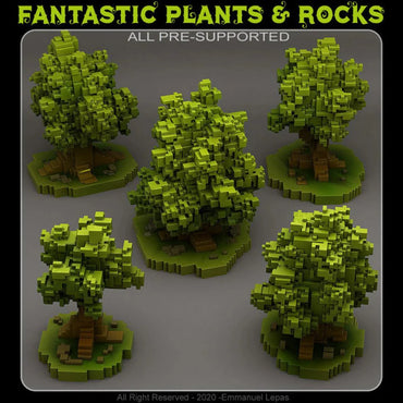 3D Printed Fantastic Plants and Rocks Pixel Trees 28mm - 32mm D&D Wargaming (Online Only)