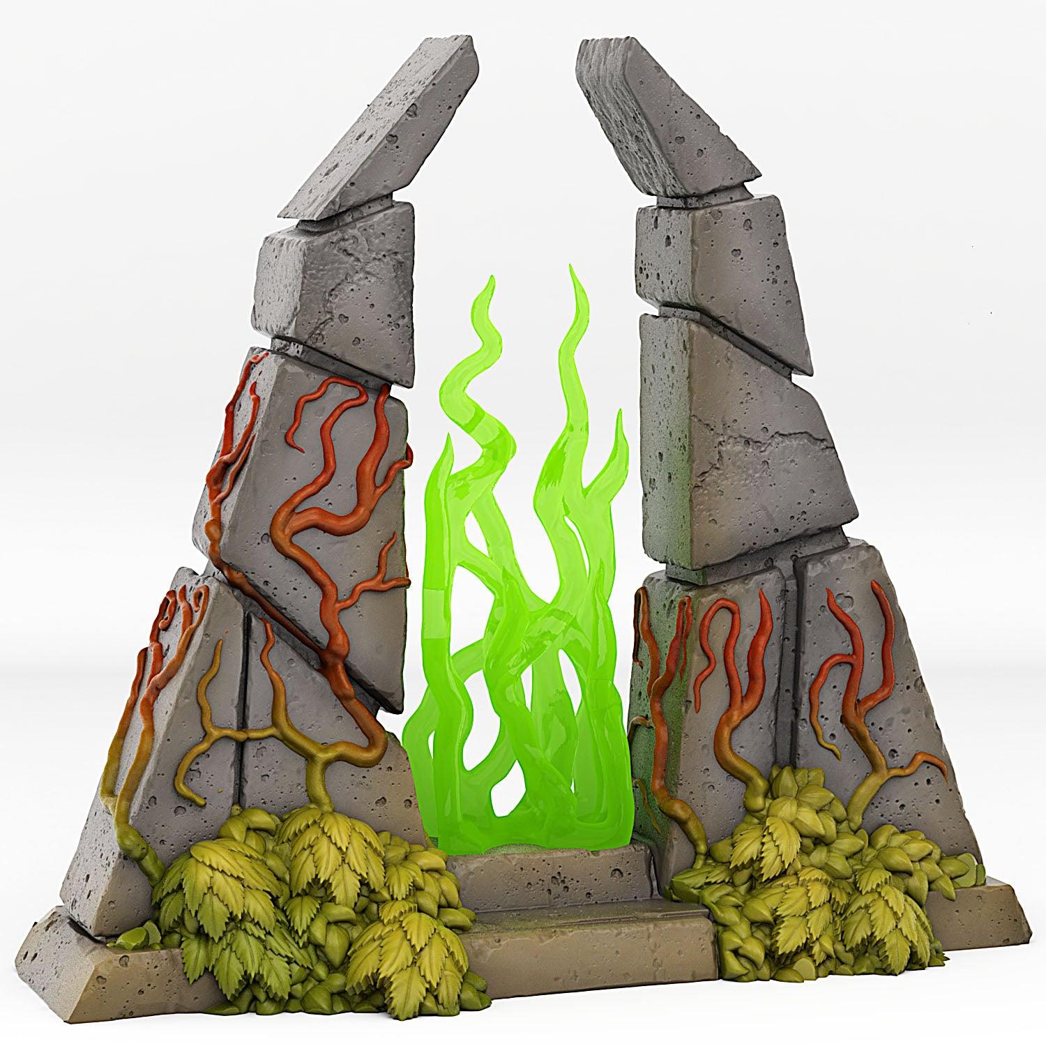 3D Printed Fantastic Plants and Rocks Temple Portal With Its Green Fire Effect 28mm - 32mm D&D Wargaming (Online Only)