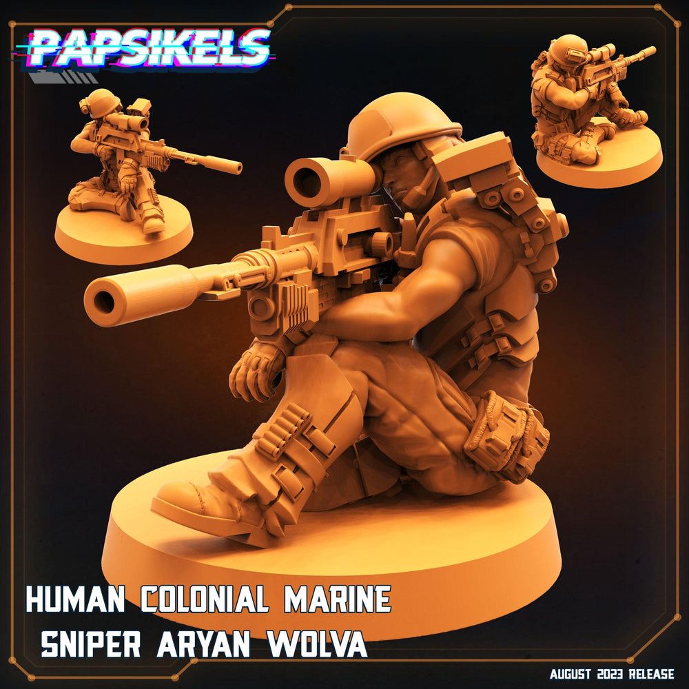 3D Printed Papsikels August 2023 - Xenowars Genesis Human Colonial Marine Sniper Aryan Wolva 28mm 32mm (Online Only)