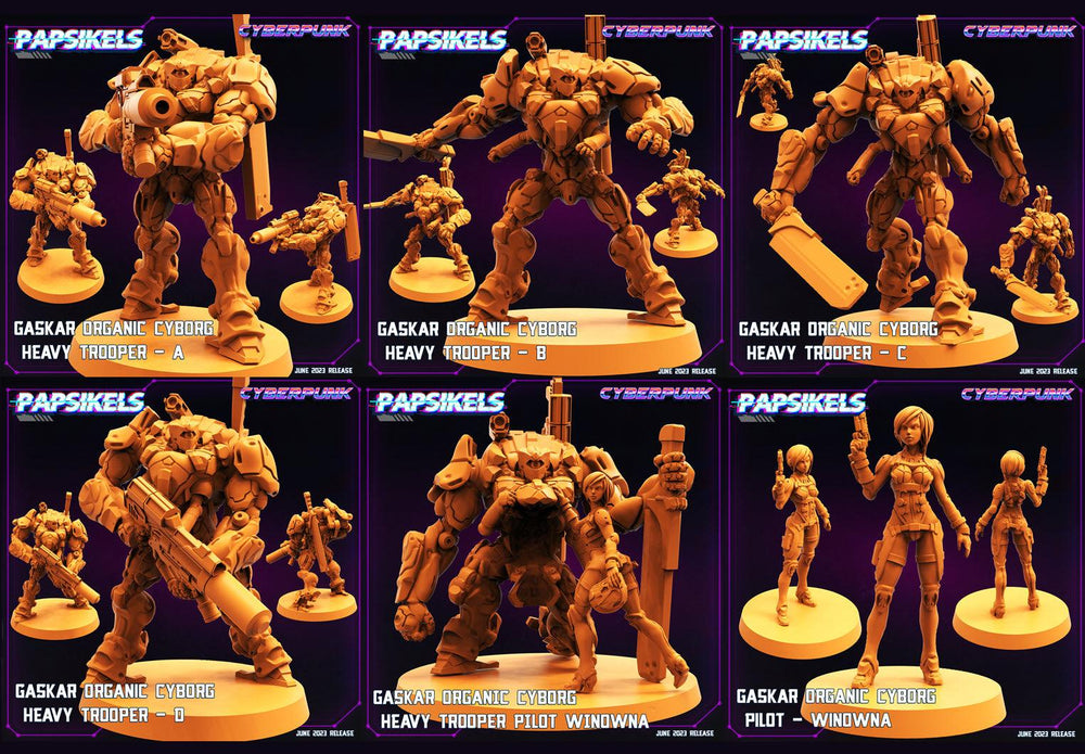 3D Printed Papsikels June 2023 Cyberpunk Gaskar Organic Cyborg Heavy Trooper Set 28mm 32mm (Online Only)