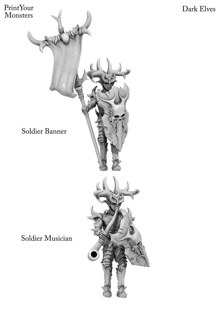 3D Printed Print Your Monsters Dark Elves Banner and Musician Set 28mm - 32mm D&D Wargaming (Online Only)