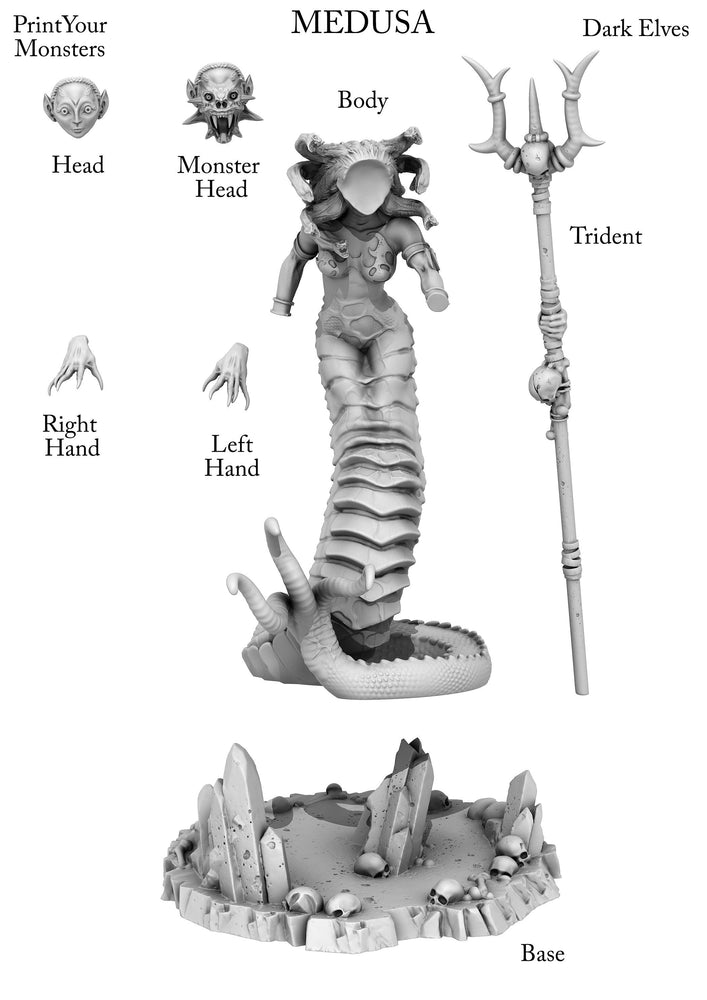 3D Printed Print Your Monsters Dark Elves Medusa 28mm - 32mm D&D Wargaming (Online Only)