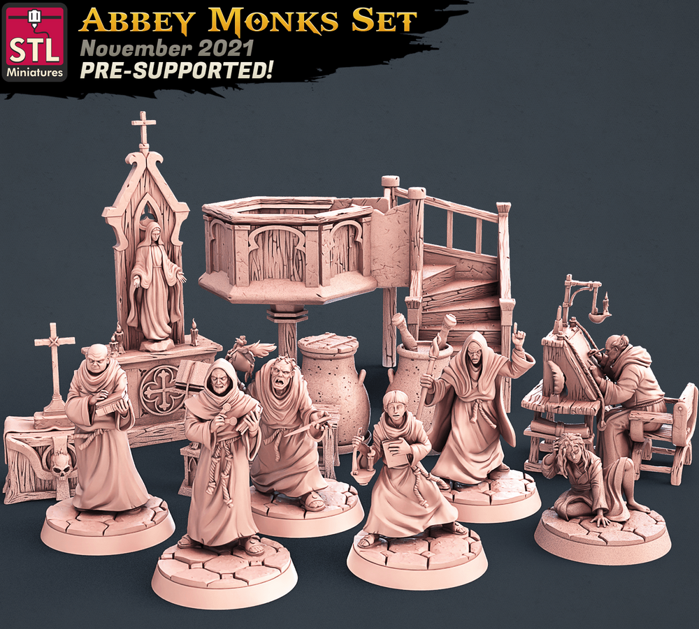 3D Printed STL Miniatures Abbey Monks Set 28 - 32mm War Gaming D&D (Online Only)