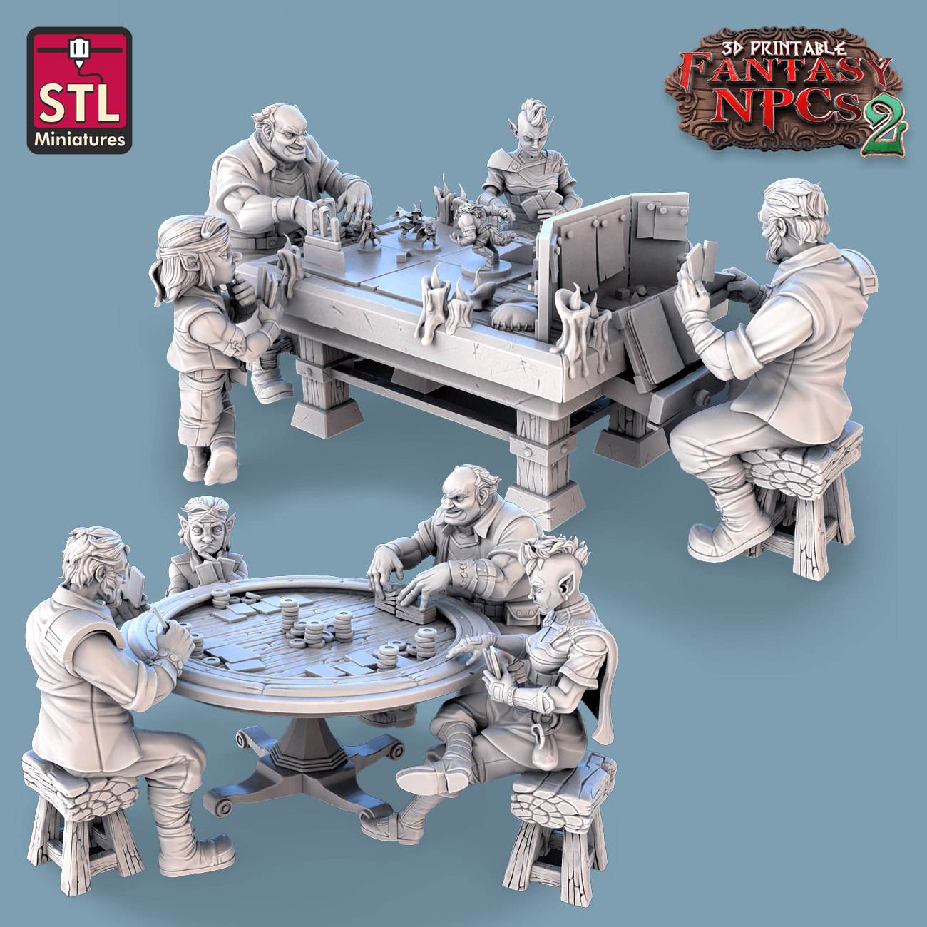 3D Printed STL Miniatures Card Players Set Fantasy NPC 2 | 28 - 32mm War Gaming D&D (Online Only)