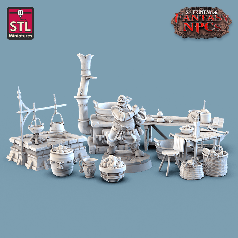 3D Printed STL Miniatures Cook Set Fantasy NPC 28mm - 32mm War Gaming D&D (Online Only)