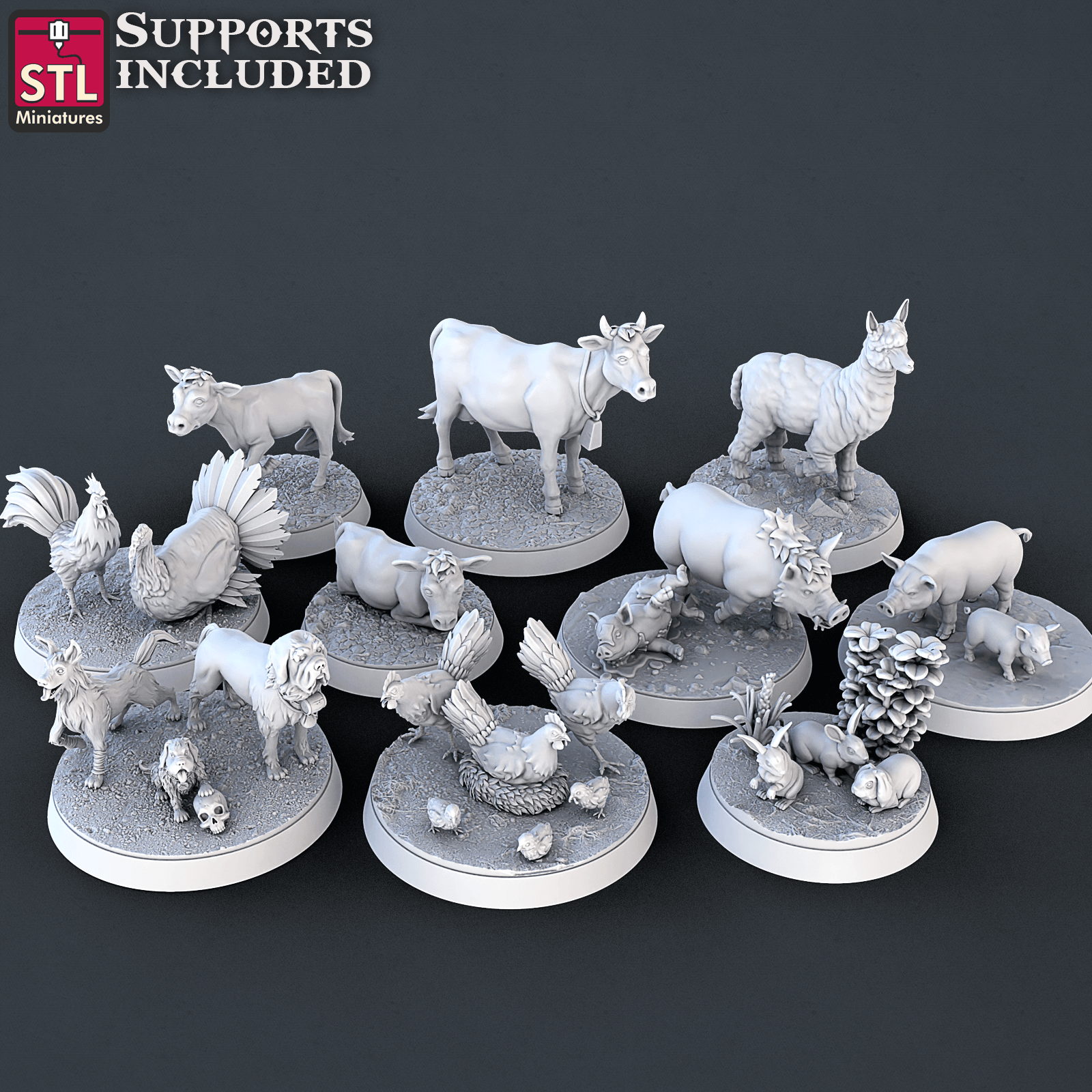 3D Printed STL Miniatures Farm Animals Set | 28 - 32mm War Gaming D&D (Online Only)