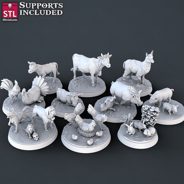 3D Printed STL Miniatures Farm Animals Set | 28 - 32mm War Gaming D&D (Online Only)