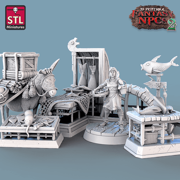 3D Printed STL Miniatures Fish Vendor Set Fantasy NPC 2 | 28 - 32mm War Gaming D&D (Online Only)
