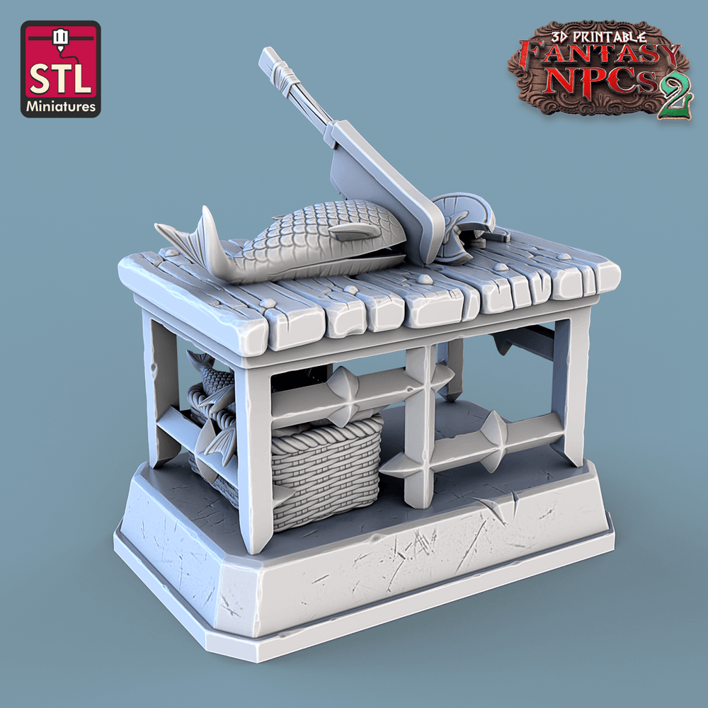 3D Printed STL Miniatures Fish Vendor Set Fantasy NPC 2 | 28 - 32mm War Gaming D&D (Online Only)