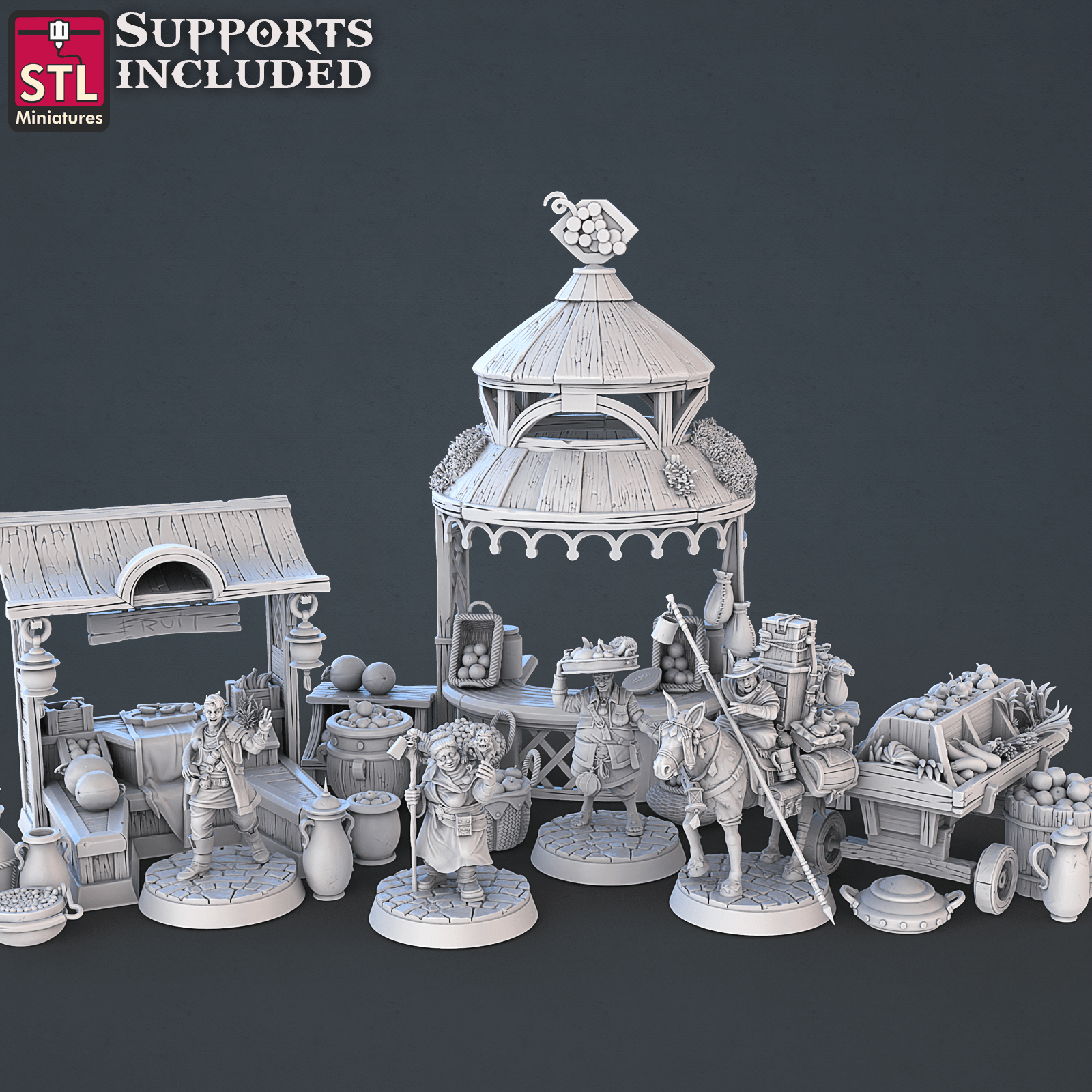 3D Printed STL Miniatures Food Vendors Set 28mm - 32mm War Gaming D&D (Online Only)