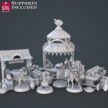 3D Printed STL Miniatures Food Vendors Set 28mm - 32mm War Gaming D&D (Online Only)