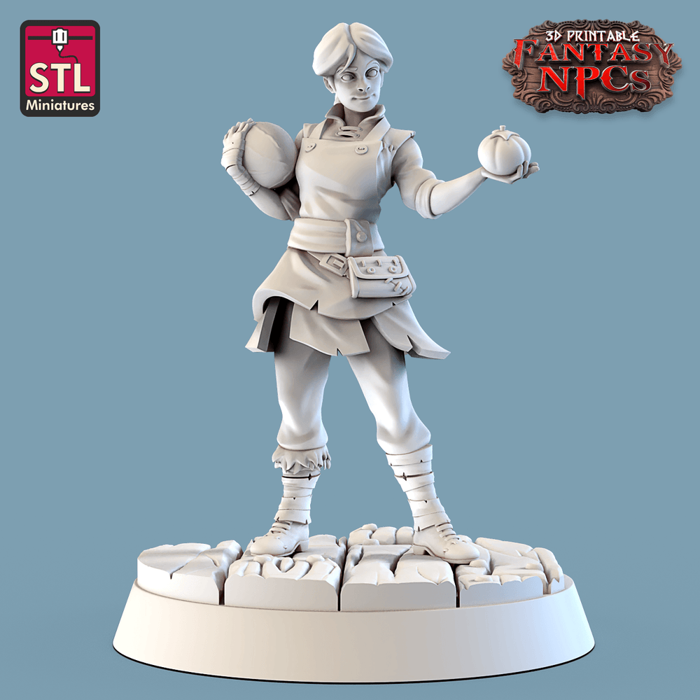 3D Printed STL Miniatures Fruit Seller Set Fantasy NPC 28mm - 32mm War Gaming D&D (Online Only)