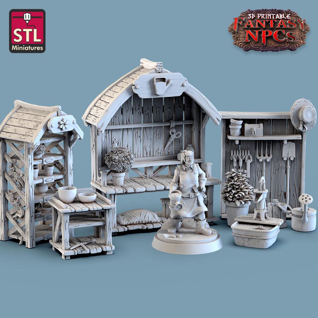 3D Printed STL Miniatures Gardener Set Fantasy NPC 28mm - 32mm War Gaming D&D (Online Only)