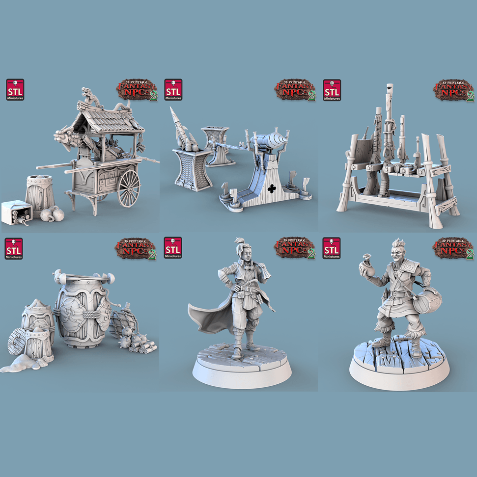 3D Printed STL Miniatures Gunpowder Vendors Set Fantasy NPC 2 | 28 - 32mm War Gaming D&D (Online Only)
