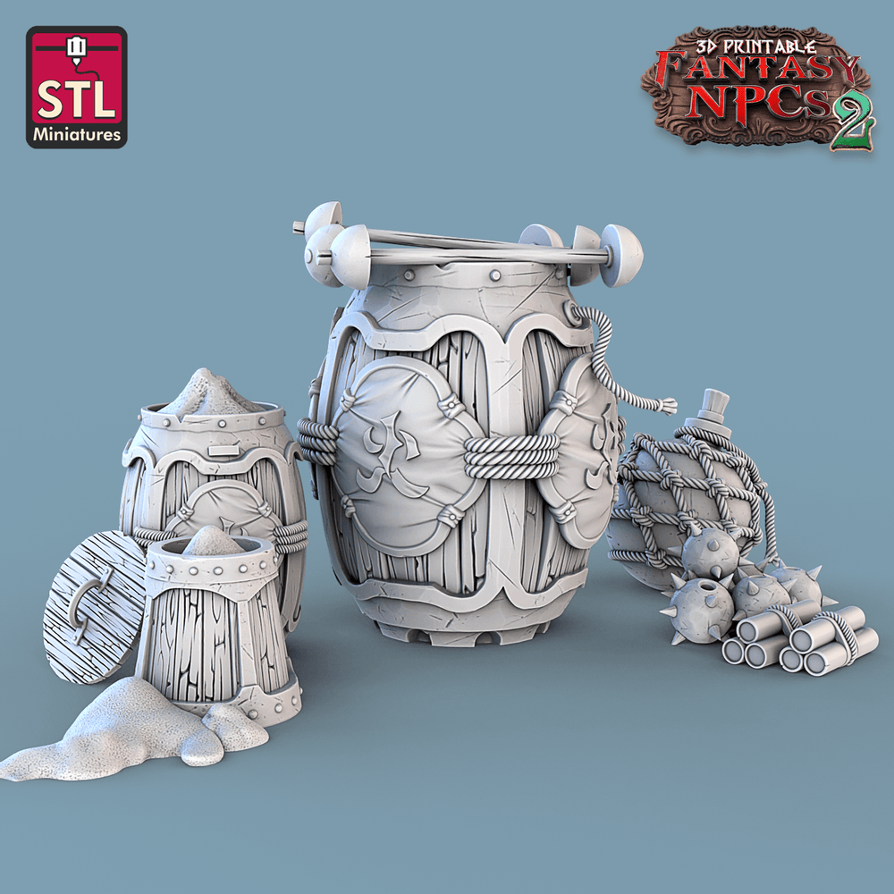 3D Printed STL Miniatures Gunpowder Vendors Set Fantasy NPC 2 | 28 - 32mm War Gaming D&D (Online Only)