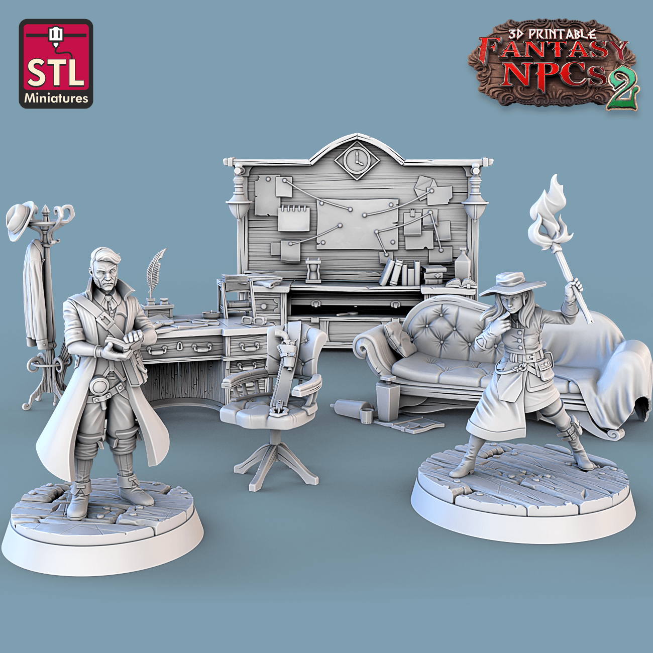 3D Printed STL Miniatures Investigator Set Fantasy NPC 2 | 28 - 32mm War Gaming D&D (Online Only)