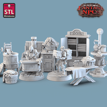 3D Printed STL Miniatures Laundry Set Fantasy NPC 28mm - 32mm War Gaming D&D (Online Only)