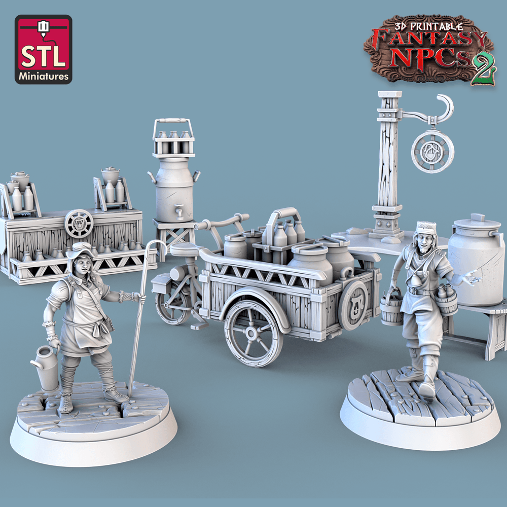3D Printed STL Miniatures Milk Man Set Fantasy NPC 2 | 28 - 32mm War Gaming D&D (Online Only)