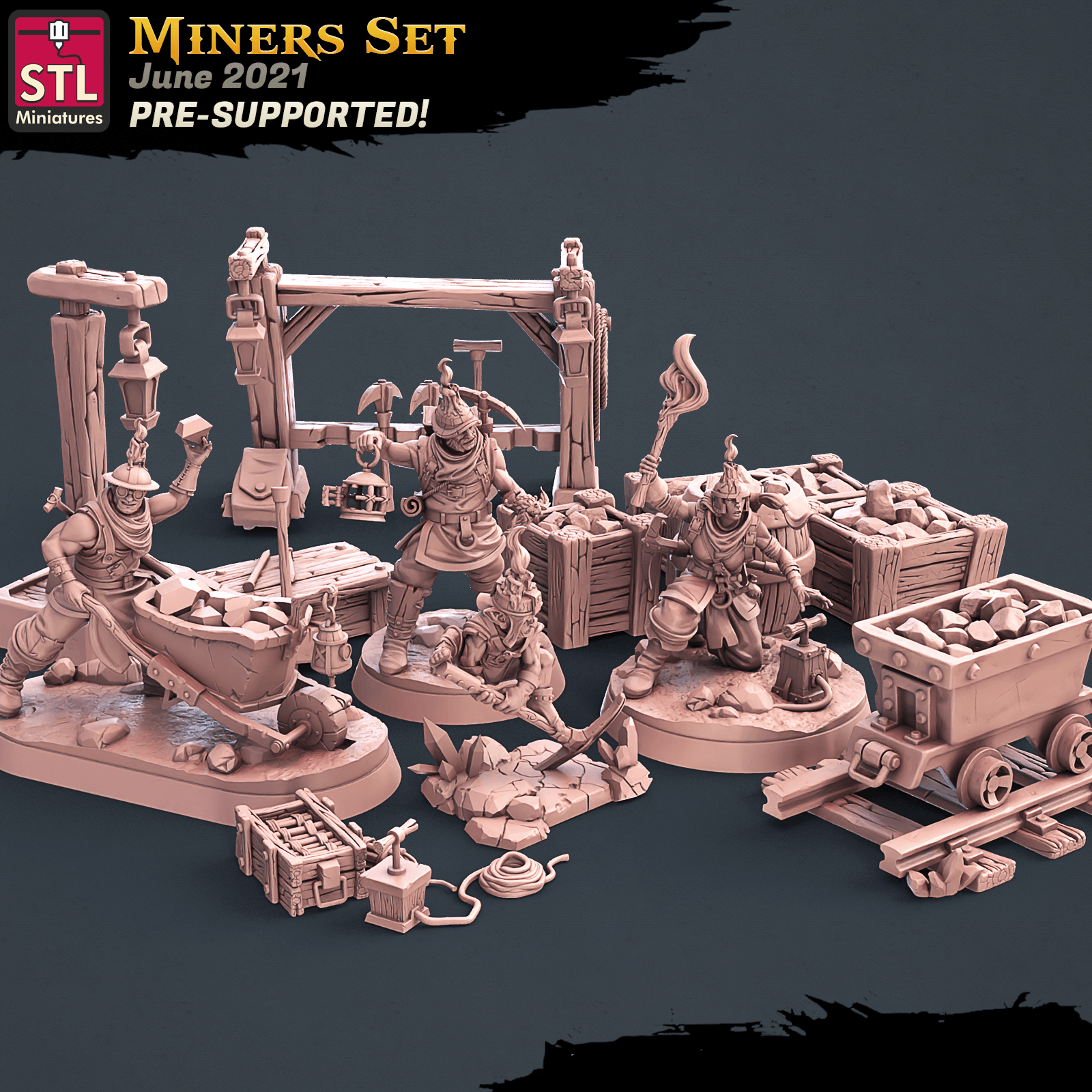 3D Printed STL Miniatures Miners Set 28 - 32mm War Gaming D&D (Online Only)