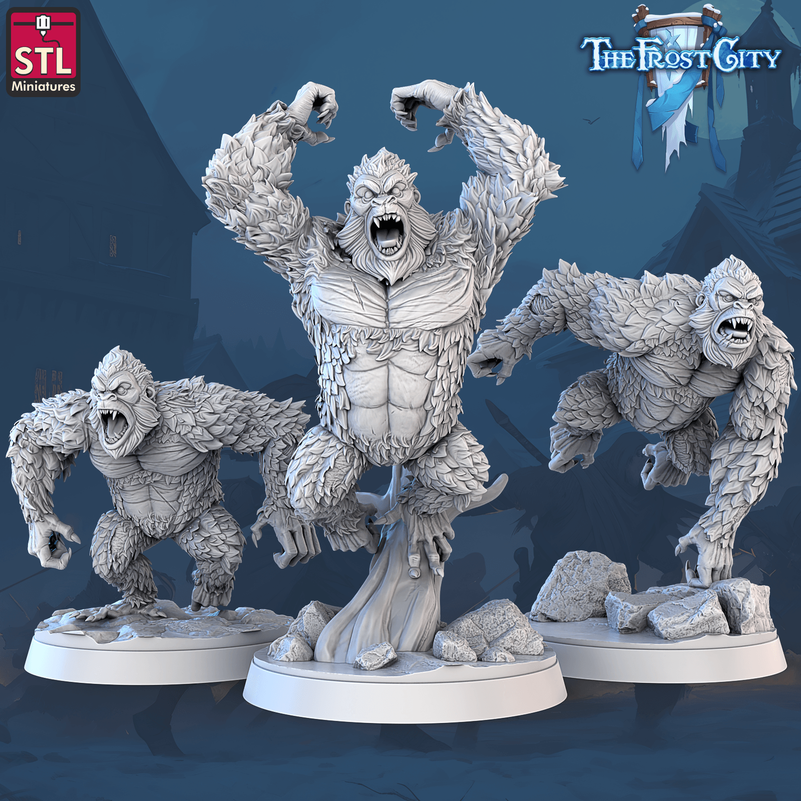 3D Printed STL Miniatures The Frost City White Gorillas 28 - 32mm War Gaming D&D (Online Only)