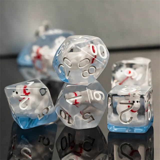 Polar Bear on Blue 7-Dice Set w/White Numbers Dnd Dice Set (Online Only)