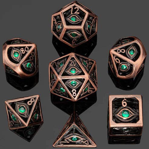 Dragon's Eye Hollow Metal Dice Set - Emerald Green Gems (ONLINE ORDER ONLY)