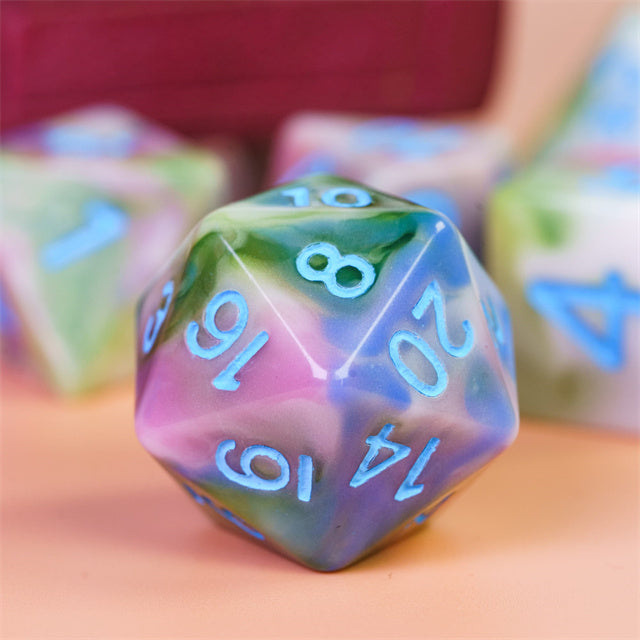 Earthly 4-Color 7-Dice Dnd Dice | Green White Green w/Blue Numbers Set (Online Only)