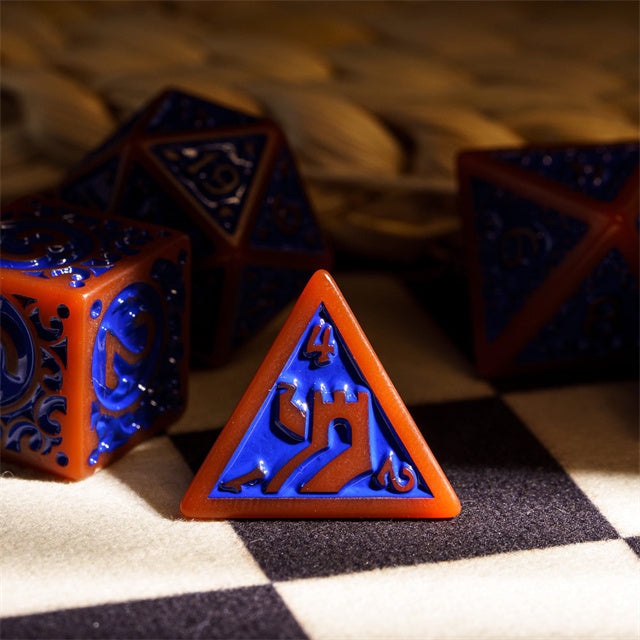 Burnt Orange with Blue Irregular Pattern Fill: 7-Piece Acrylic Dice Set (Online Only)