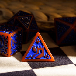Burnt Orange with Blue Irregular Pattern Fill: 7-Piece Acrylic Dice Set (Online Only)