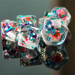 Purple Mushroom Dice Clear Pink Flower w/Teal Numbers 7-Dice Set Rpg (Online Only)