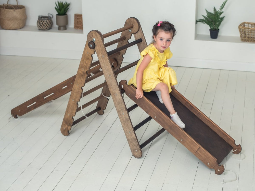 3in1 Montessori Climbing Set: Triangle Ladder + Slide Board + Net – Chocolate (ONLINE ORDER ONLY)