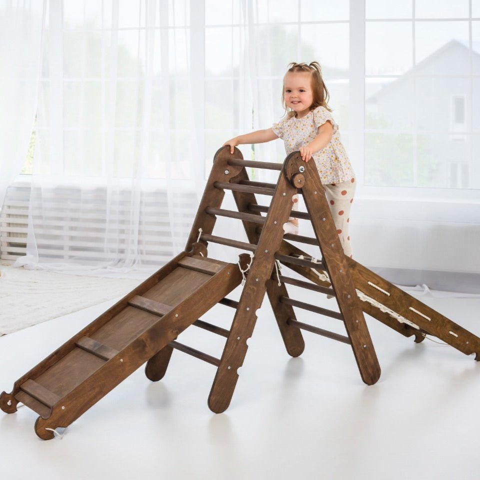3in1 Montessori Climbing Set: Triangle Ladder + Slide Board + Net – Chocolate (ONLINE ORDER ONLY)