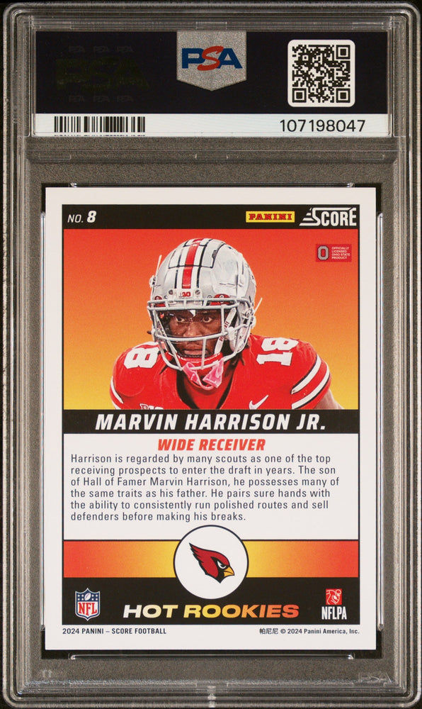 Graded 2024 Panini Score Marvin Harrison Jr #8 Hot Rookies Rookie RC Football Card PSA 10 Gem Mint (ONLINE ORDER ONLY)