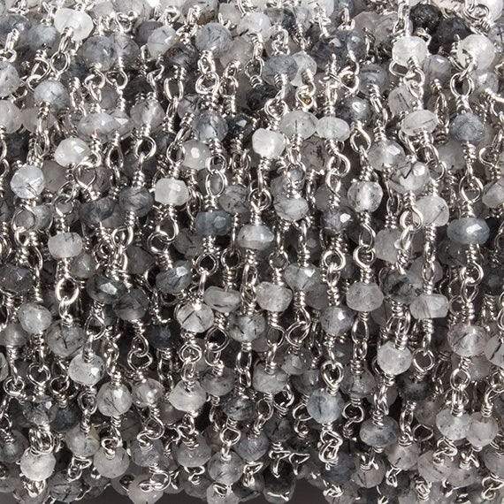 3mm Black Tourmalinated Quartz  rondelle Silver Chain by the foot 36 pieces (ONLINE ORDER ONLY)