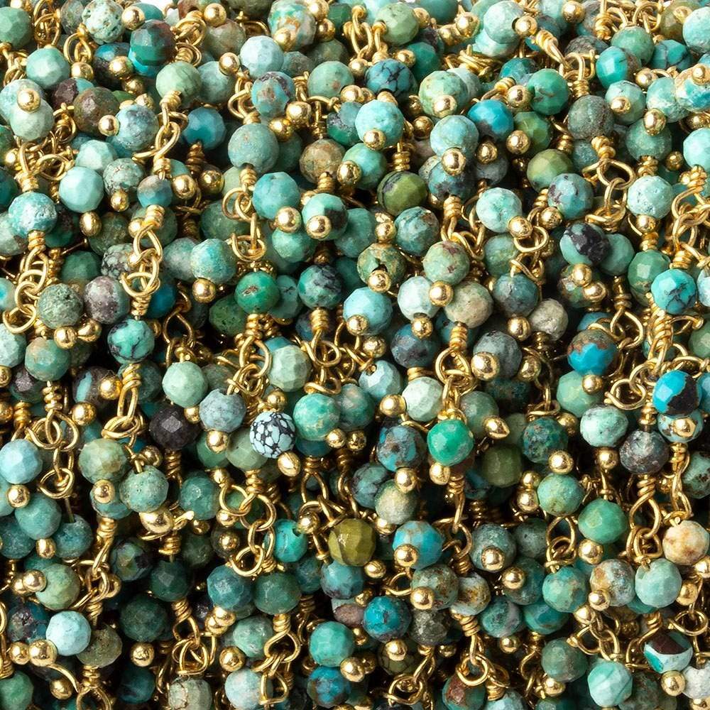 3mm Chinese Turquoise micro faceted round Gold Dangling Chain by the foot (ONLINE ORDER ONLY)