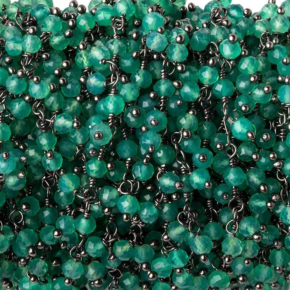 3mm Green Onyx micro faceted round Black Gold Dangling Chain by the foot (ONLINE ORDER ONLY)