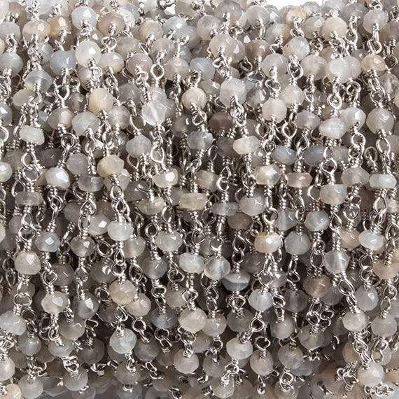 3mm Grey Moonstone faceted rondelle Silver Chain by the foot 36 pieces (ONLINE ORDER ONLY)