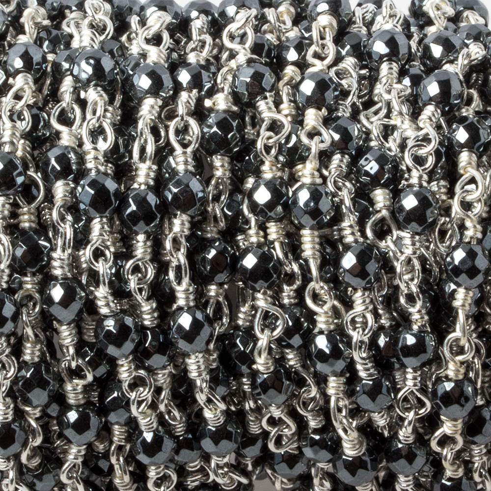 3mm Hematite faceted round Silver plated chain by the foot 34 pieces (ONLINE ORDER ONLY)