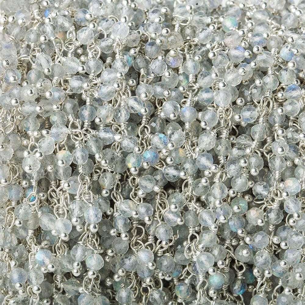 3mm Labradorite micro-faceted round Silver Dangling Chain by the foot (ONLINE ORDER ONLY)